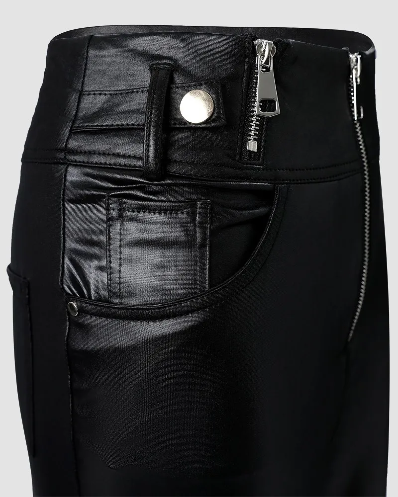 Women’s High Waisted Button Zipper Side Pocket Shirred Straight Leg Work Plus Si
