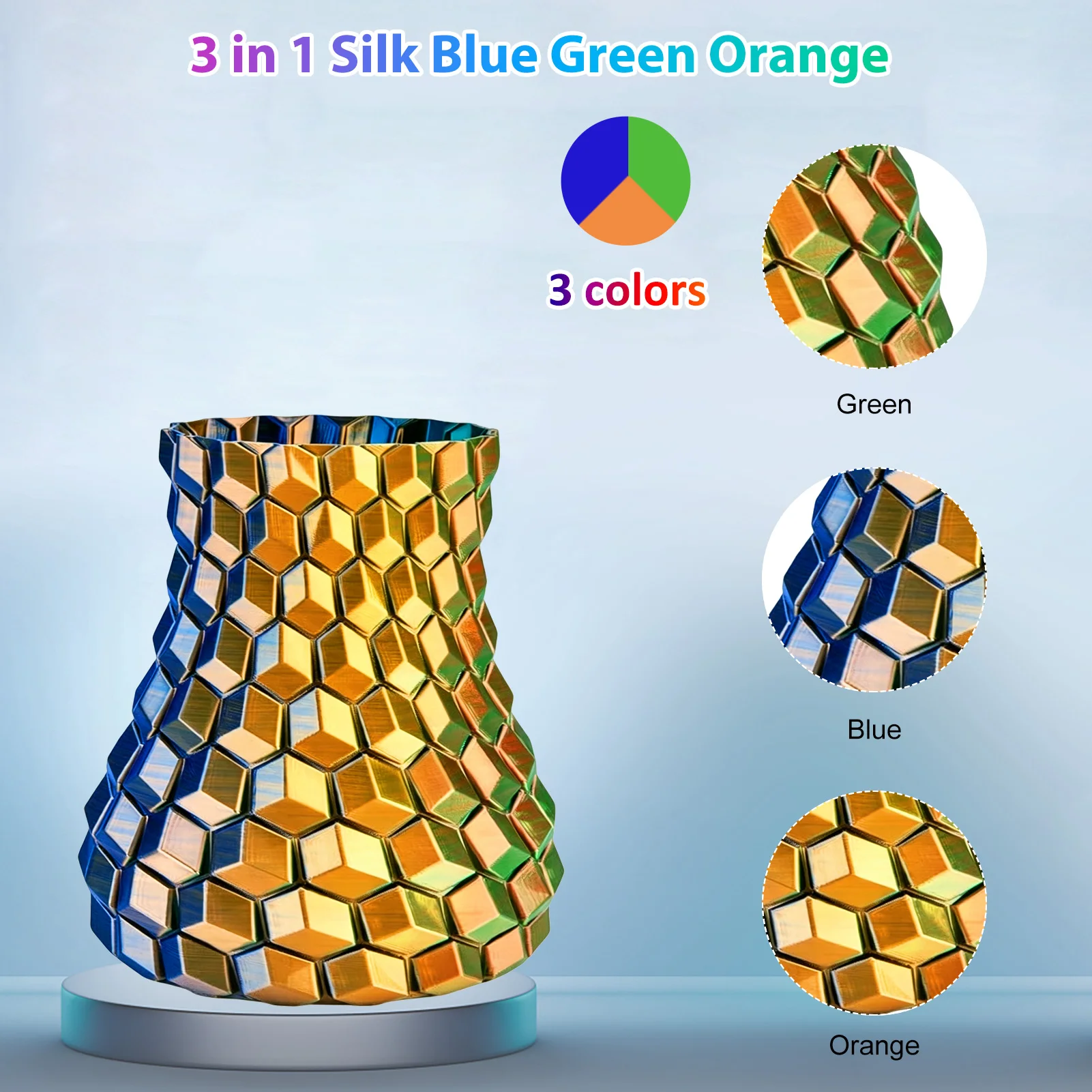 실크 삼색 PLA 3D 프린터 필라멘트, 1.75mm 멀티컬러 3D 프린팅 필라멘트, 블루 그린 오렌지 필라멘트, 250g (0.55lbs)