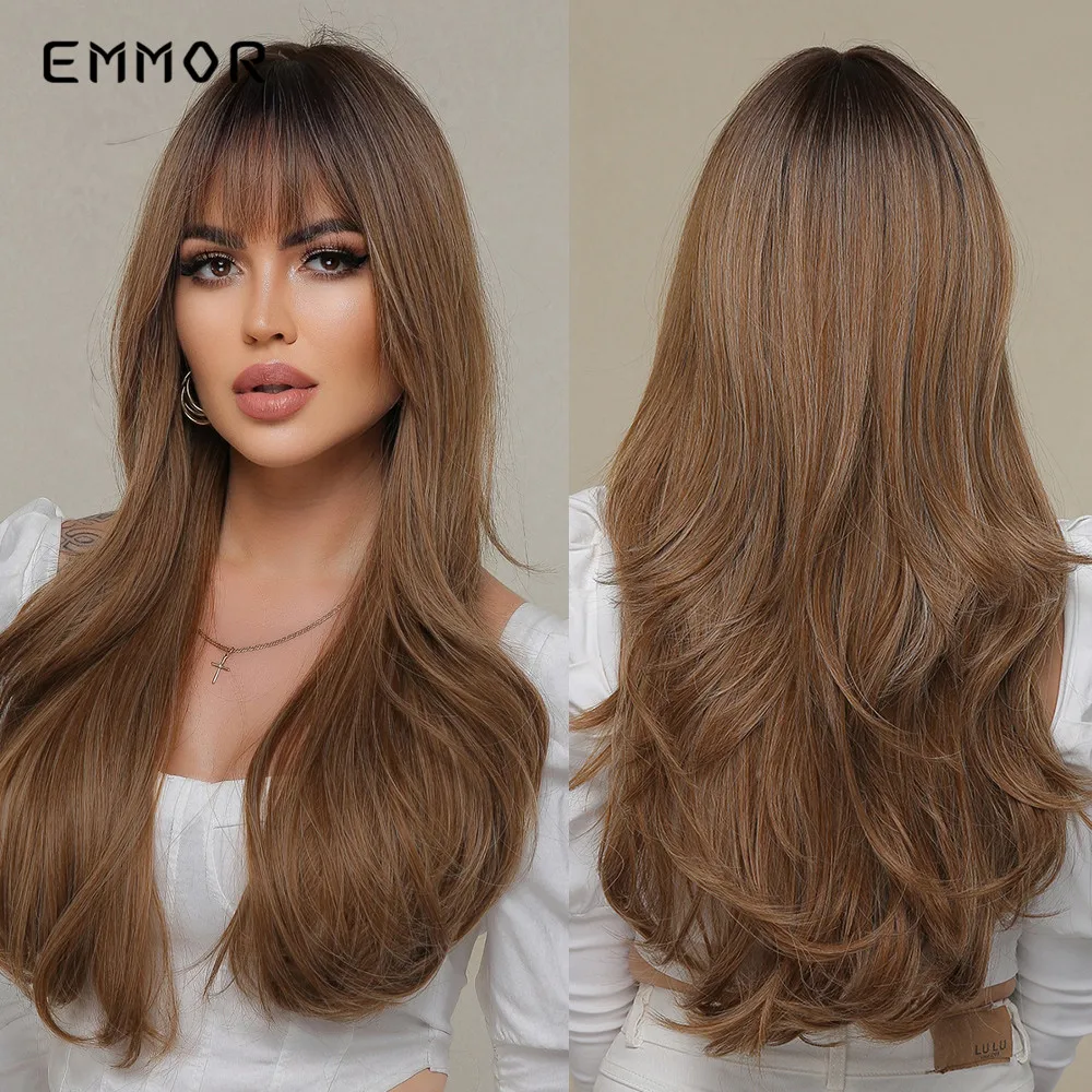 

Emmor Synthetic Ombre Black to Blonde Brown Hair Wigs with Bangs Natural Wavy Wigs for Women Cosplay Heat Resistant Fiber Wig