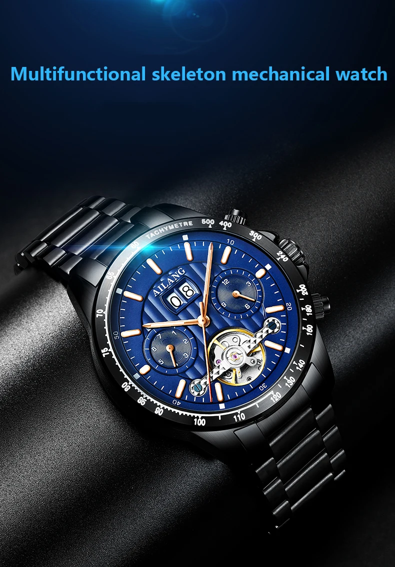 AILANG Tourbillon mécanique pour hommes, étanche, automatique, squelette à vent automatique, acier noir, livraison directe_voghion.com