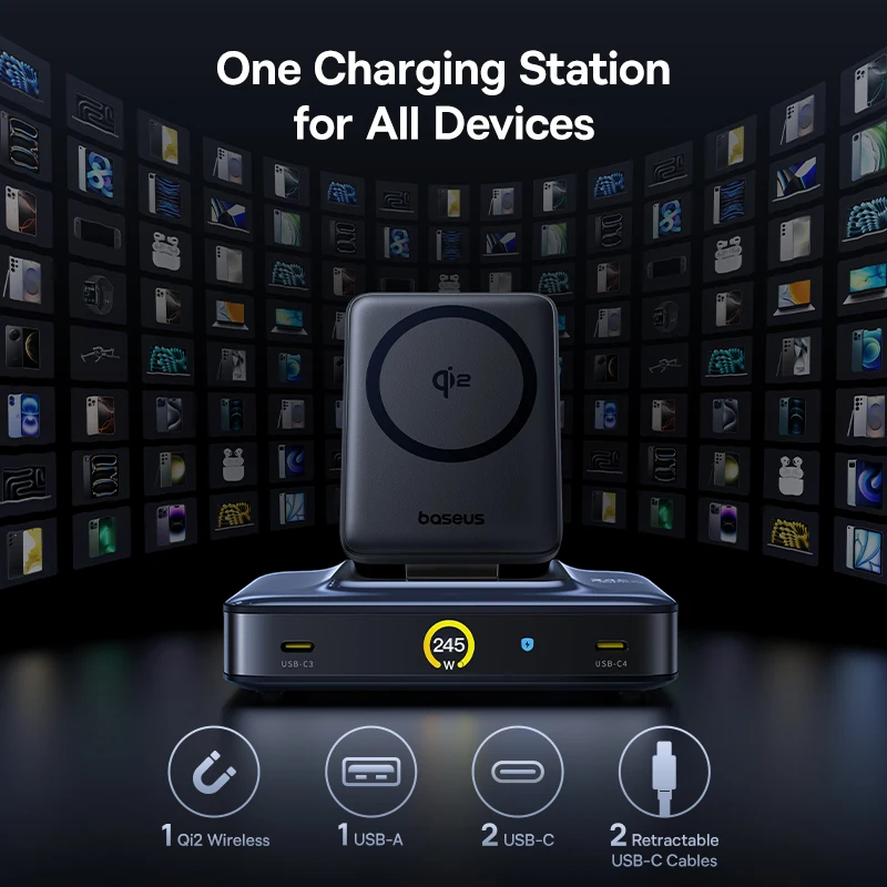 Baseus 245W Desktop Charger Tablet Fast Charger Qi2 Wireless Charger Retractable Cable USB C Phone Charger For iPhone 17 Samsung