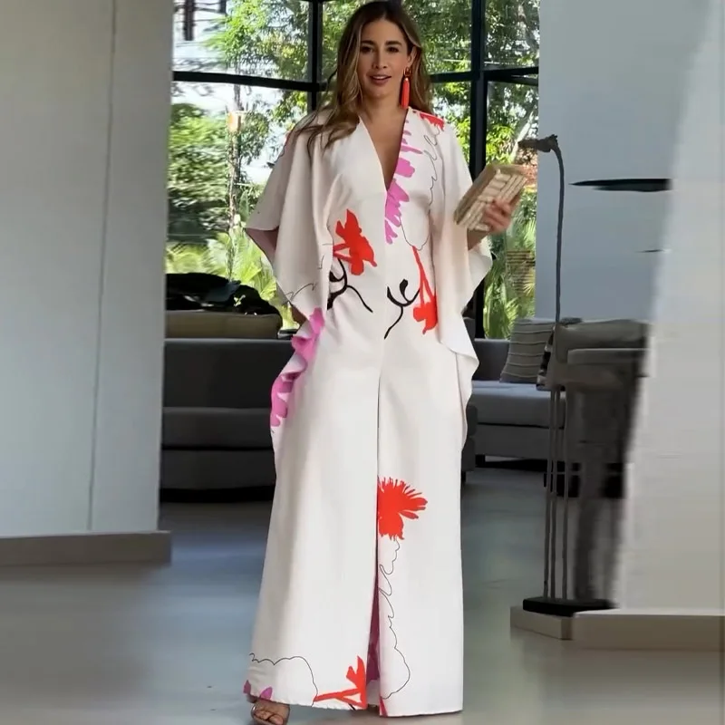 Women Jumpsuit Print Half Sleeve V Neck Loose Wide Leg Pants - Main Image