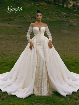 Customized Mermaid Wedding Dress Detachable TrainRobe de Mariée Off Shoulder Long Sleeves Women Bride Dresses Vestido de novia 1
