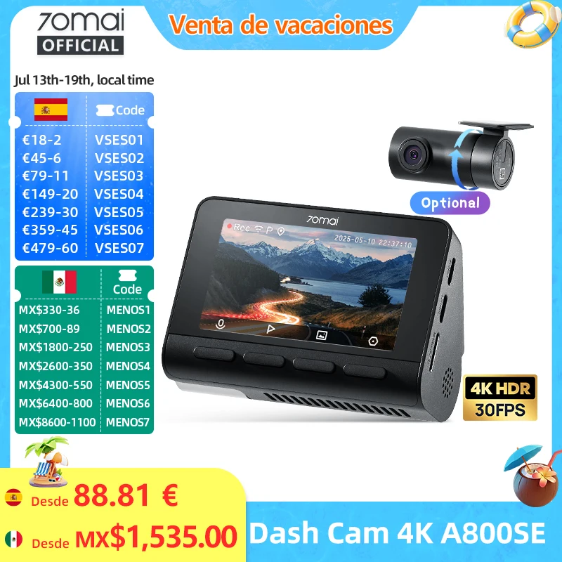 70mai 4K Dash Cam A800SE versión mejorada de 70mai A800S Control de voz Supercapatior GPS ADAS coche DVR 70mai A800SE UHD Wifi 6