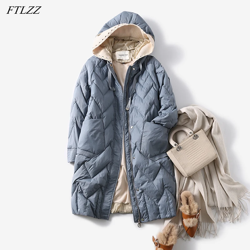 

FTLZZ Winter Knitting Splicing Hooded Warm Long Jacket Women 90% White Duck Down Coat Solid Color Straight Tube Puffer Outwear