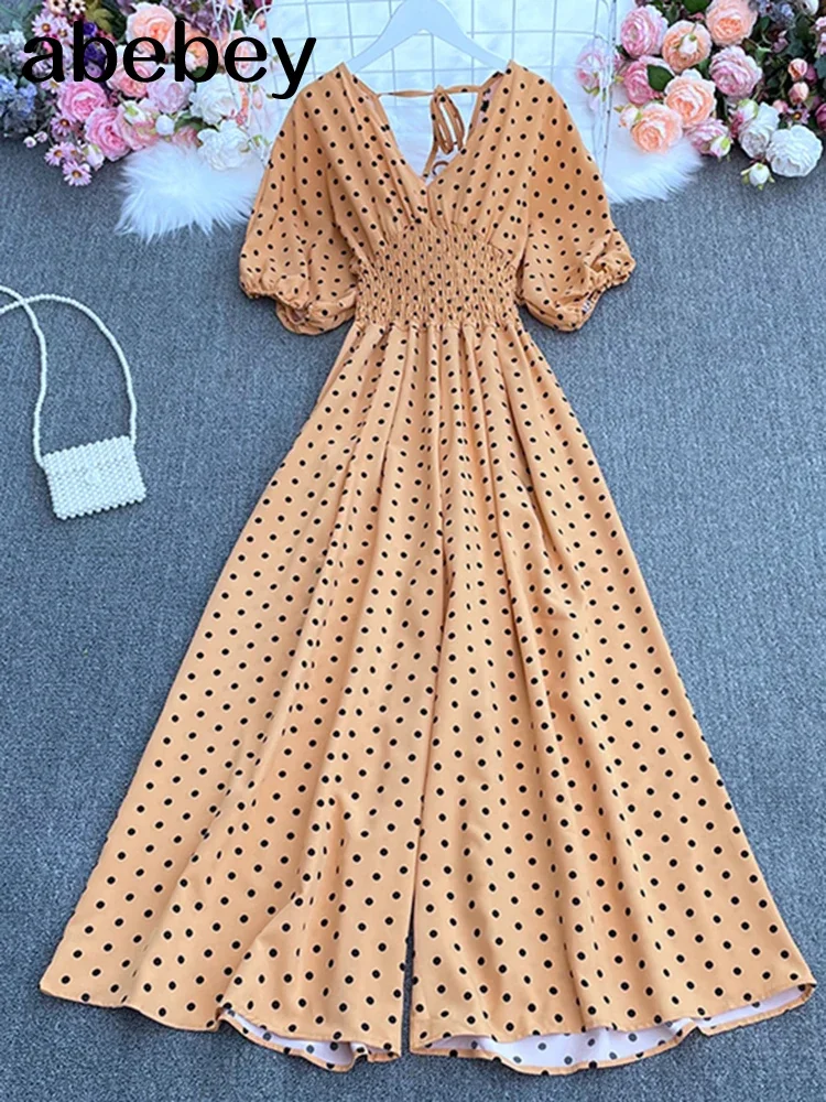 여름 점 휴일 캐주얼 와이드 레그 점프 슈트 V 넥 퍼프 슬리브 허리 탄성 Rompers 루스 비치 롱 playsuits