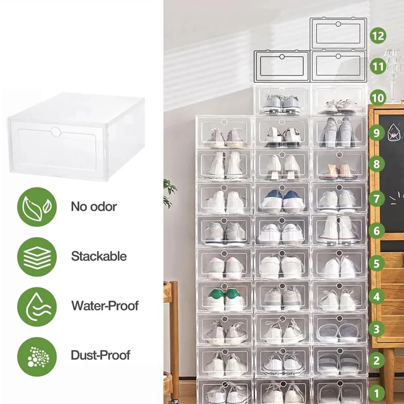 6Pcs Collapsible Shoe Box Stackable Shoe Storage Bin Transparent