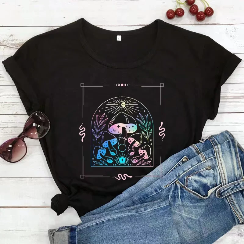 

colored mushroom moon phase tshirt vintage women short sleeve graphic nature witch tee shirt top