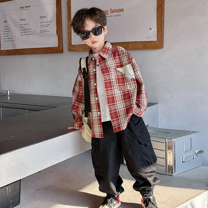 Plaid Long Sleeve Shirt for Boys Spring Autumn Fashionable Checkered Children's Clothing Small Medium Size Kids' Outerwear