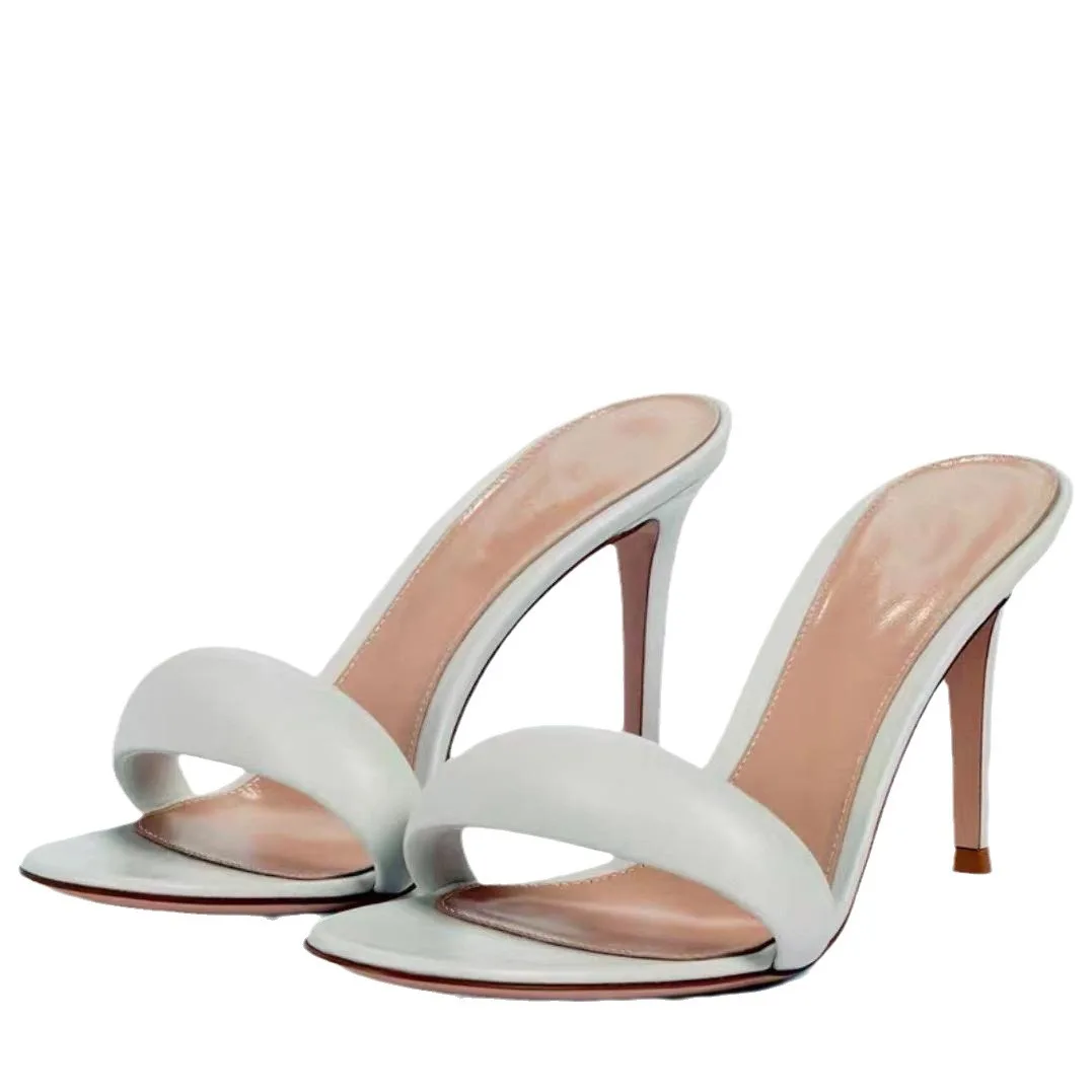 New Round Toe High Heels for Foreign Trade European and American Foreign Trade Large Size Slim Heels One Line Slippers for Women