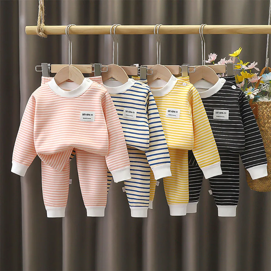 Baby Warm Clothing Set Fleece Lined Children Boys Girls Striped Underwear Sleepwear Set Ideal for Home Pajamas Autumn Winter 2