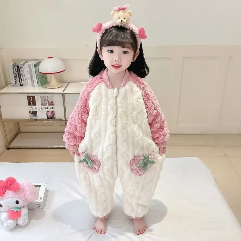 Girls' Sleeping Pajamas Coral Fleece Winter Thick Version Baby Anti Kick Autumn and Winter Children's Flannel Cute Jumpsuit