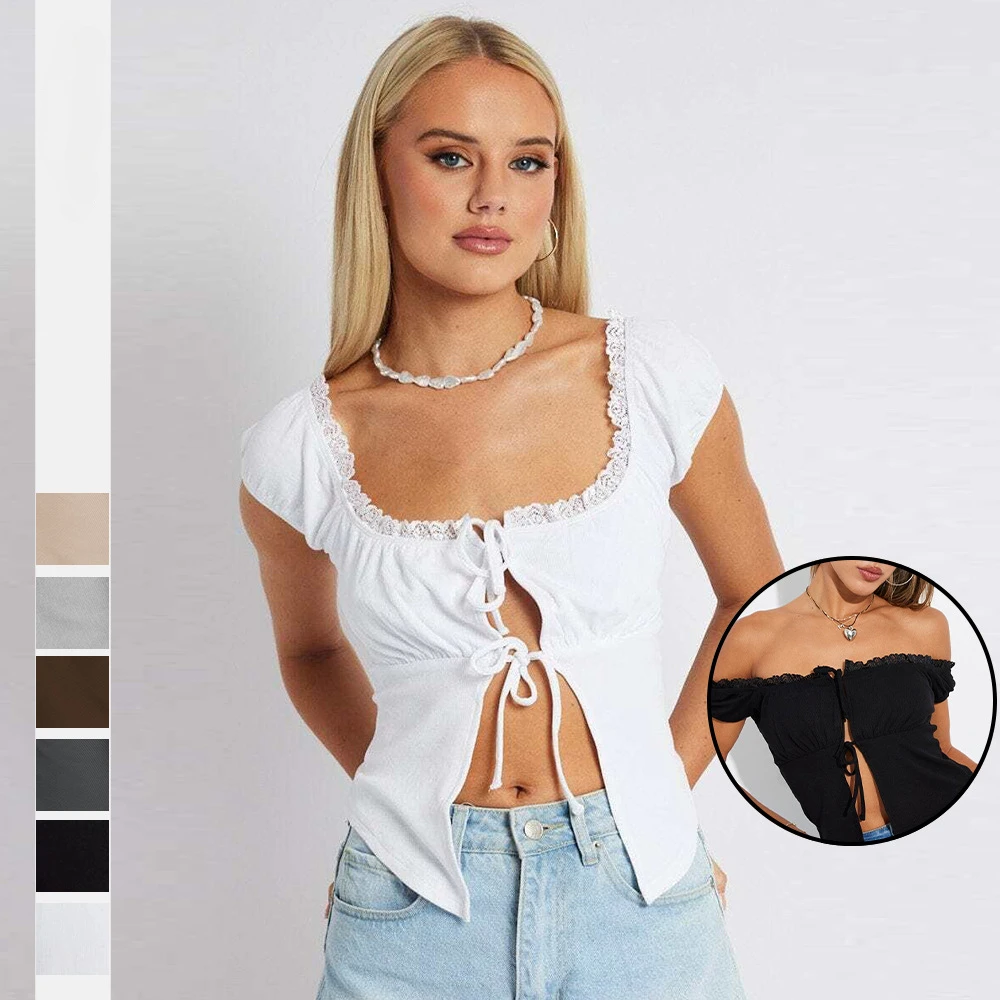 

Lace Splicing New Design Sense Lace Up Women's Clothing Two in Short Sleeved T-shirt Sexy Solid Color Top