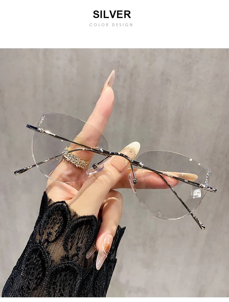 Ultraleichte rahmenlose Brillengestell für Damen, Farbwechsel, Myopie-Brille, modische Katzenbrille, Rahmen, Brille 9923 – Detail 11