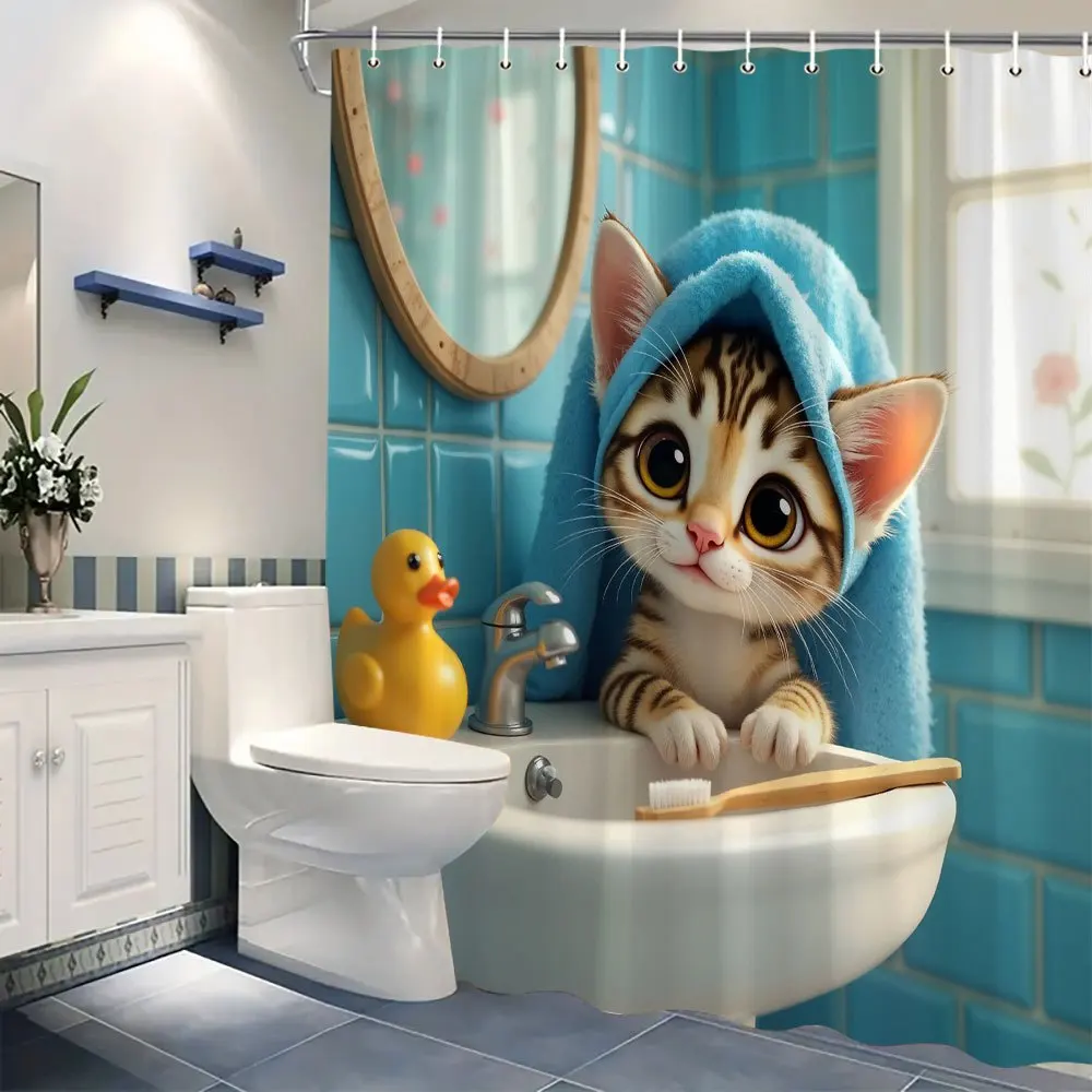Cute Cat in Bathroom Waterproof Shower Curtain - Adorable Pet Decor, High-Quality Fabric, Durable and Stylish Design 2