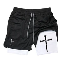 Cross Graphic 2 in 1 Workout Running Shorts for Men Christian Gym Performance Shorts with Phone Pocket Towel Loop Active Wear 1