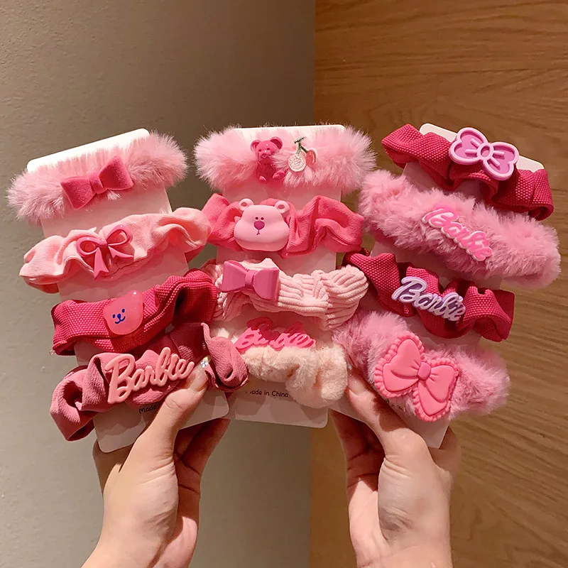 

4Pcs Barbie Plush Hair Bands Hair Ring Pink Solid Color Furry Hair Accessories Girl Headband Tie Ring Headwear Scrunchie Styling