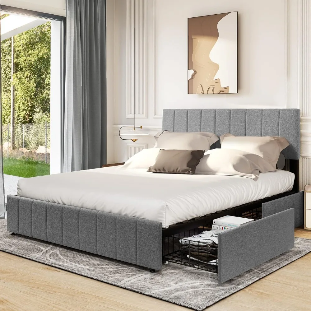 

Upholstered Platform Bed Frame with 4 Storage Drawers and Adjustable Headboard, Mattress Foundation with Sturdy Wood Slat