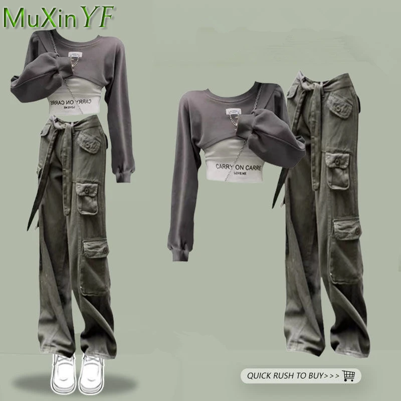 

2024 Spring Women's Safari Style Clothing Korean Lady Fashion Short Letter Sweatshirt Wide Leg Pants Sets Punk Streetwear Outfit