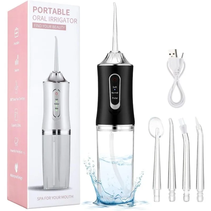 Dental Water Flosser Oral Irrigator Portable USB Rechargeable Dental Water Flosser 4 Jet Tip 220ml 3 Modes IPX7 Waterproof