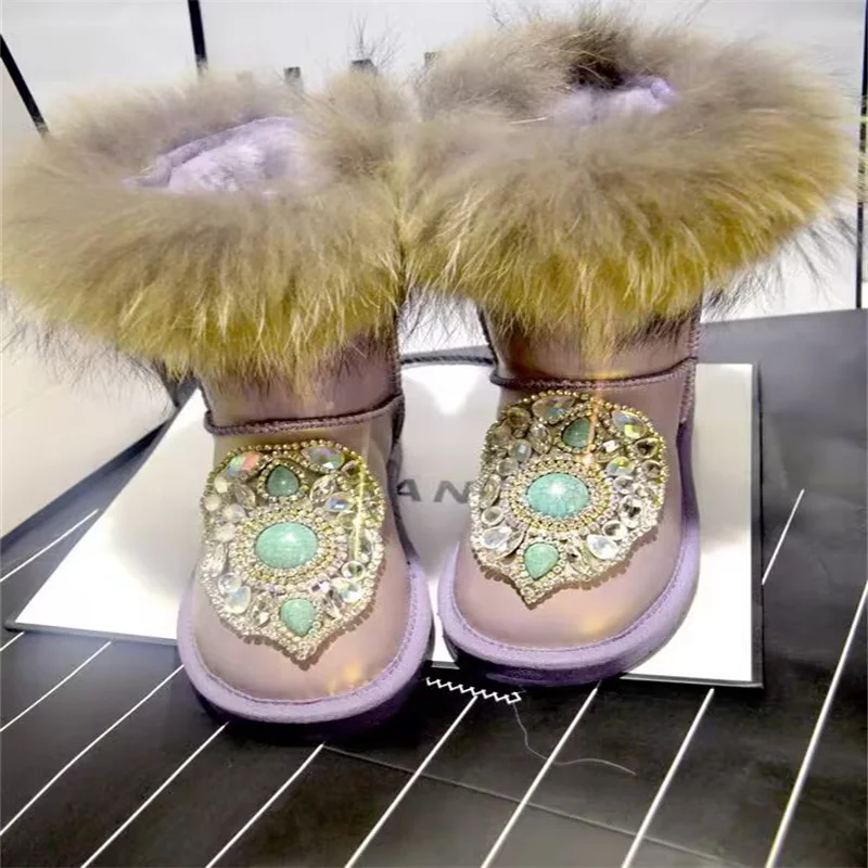 

Mid-calf boots chain rhinodrill hand custom fur integrated boots winter plus fleece warm fox hair boots Pearl women 35-40