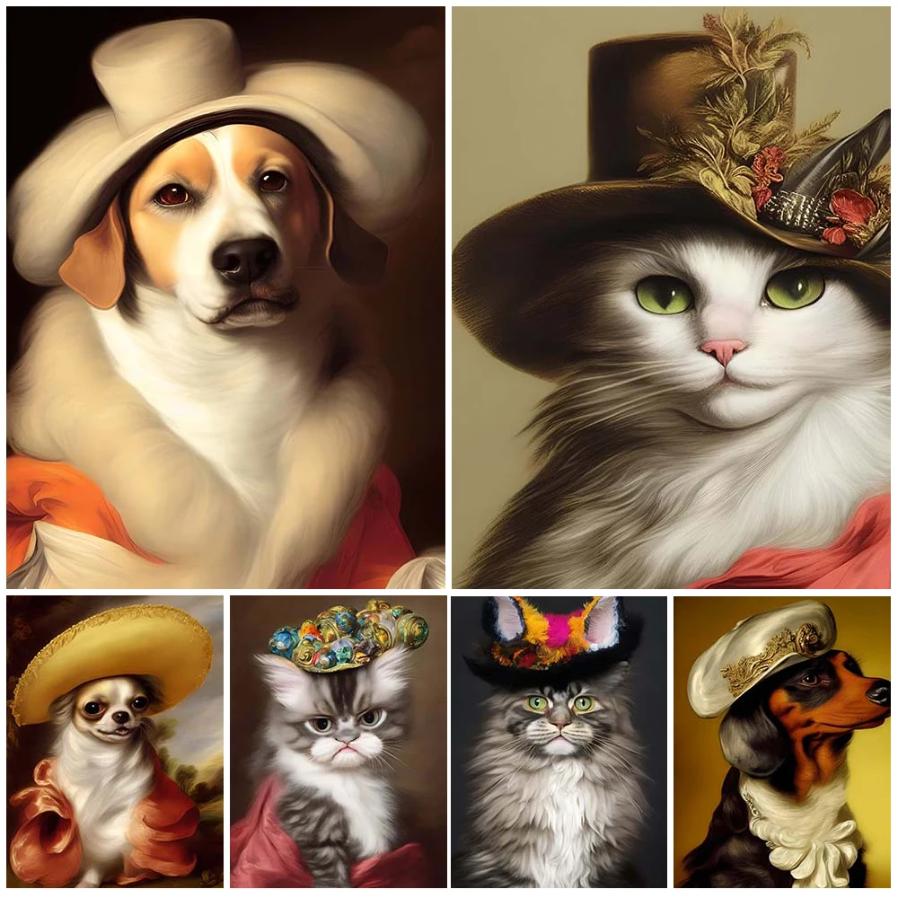 

Funny Animals Dog Cat Wear Hat Posters Wall Pictures For Living Room Poster Nordic Poster Wall Art Canvas Painting Unframed