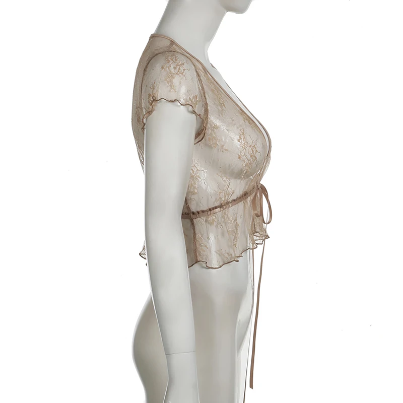 Cárdigan de encaje transparente, top marrón vintage, camiseta corta de manga corta, top informal Y2K con cordones y cuello en V, top bonito, ropa de calle