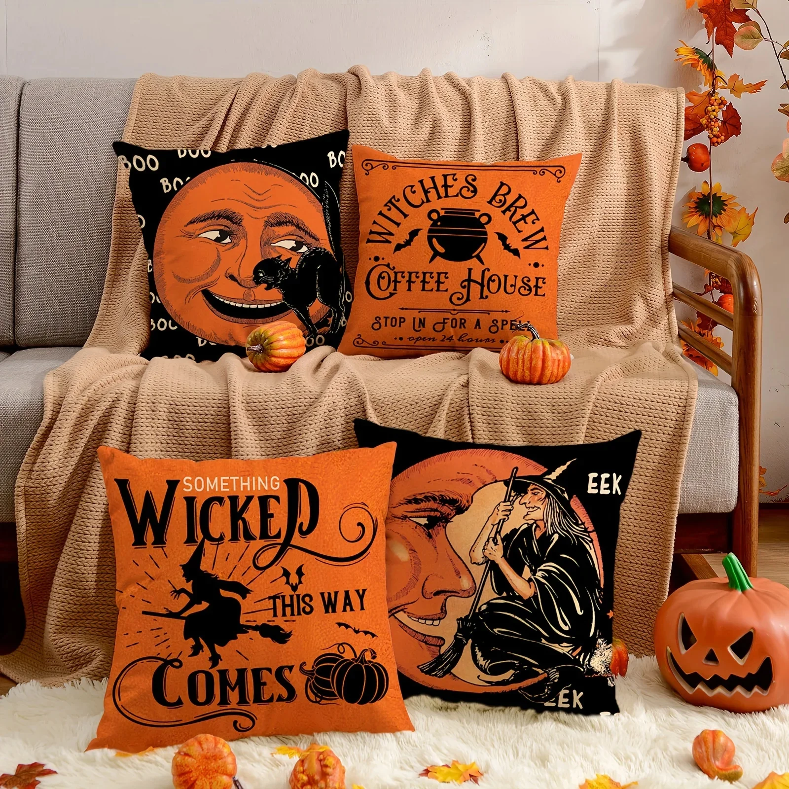 Set of 4 Halloween Throw Pillow Covers - Ghost, Pumpkin, and Bat Designs