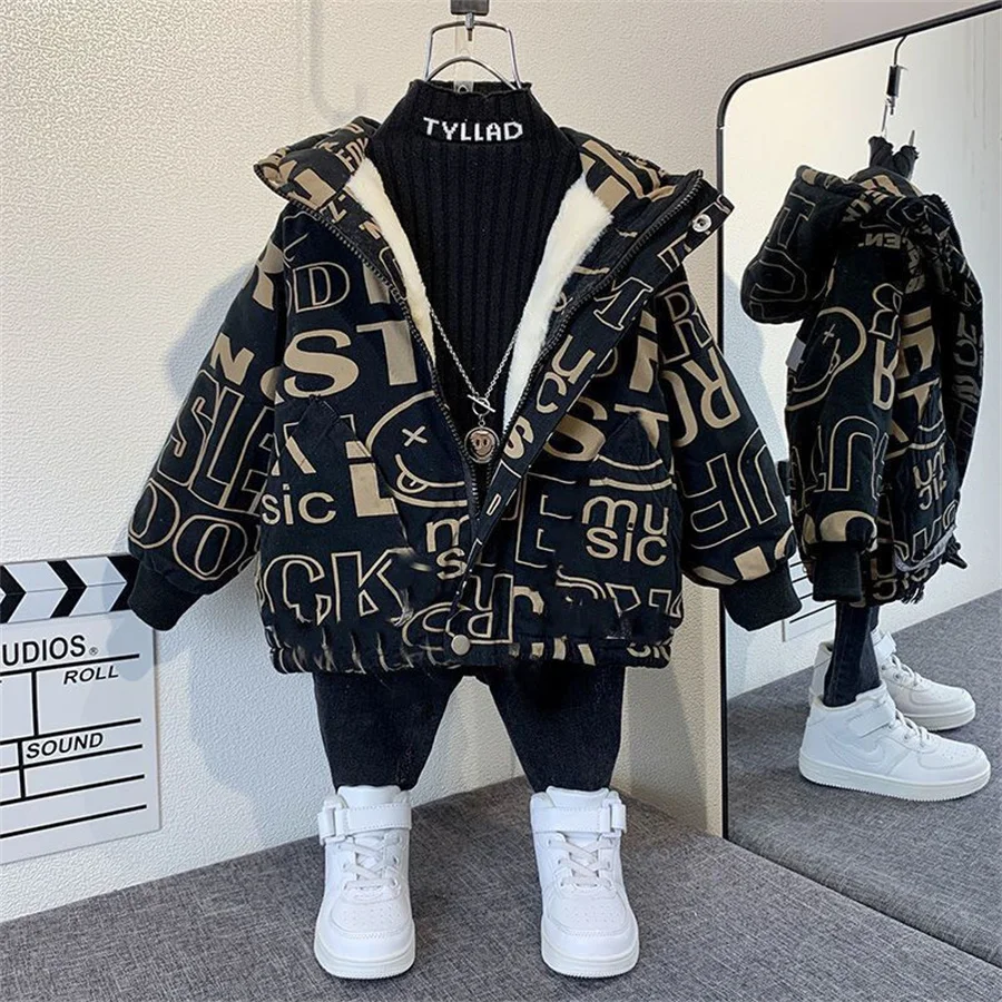 Outdoor Jacket For Boys Winter Hooded Zipper Outerwear Casual Baby Boys Velvet Thick Warm Coats Kids Clothing Fur Collar Parka