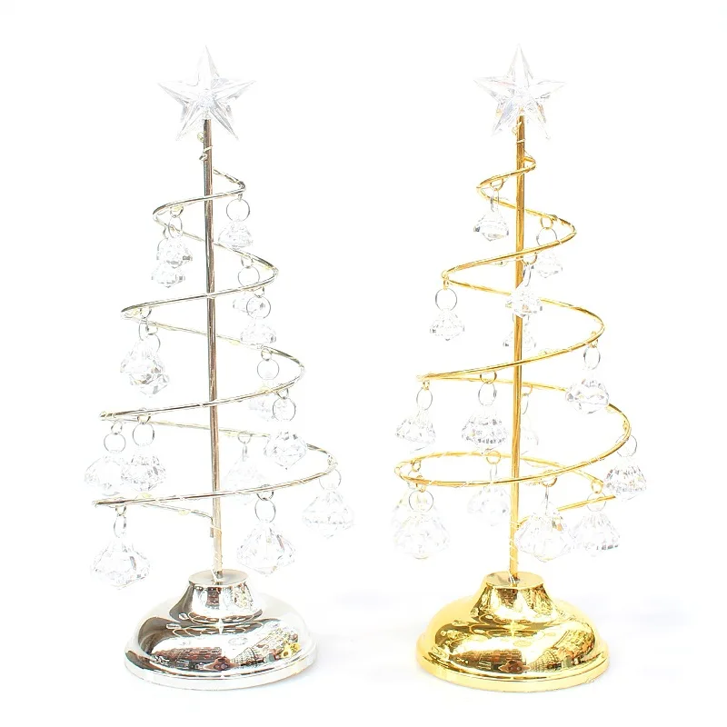 Lampada LED Albero Di Natale In Cristallo E Ferro – Luce Notturna Con Pendant In Acrilico, Batterie LR44, Regalo Decorativo, Bianco Argento