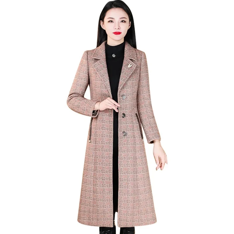 Fashion Middle-aged Mother Woolen Coat Autumn And Winter Loose Korean Temperament Long Slim Over-the-knee Plaid Woolen Coat Woma