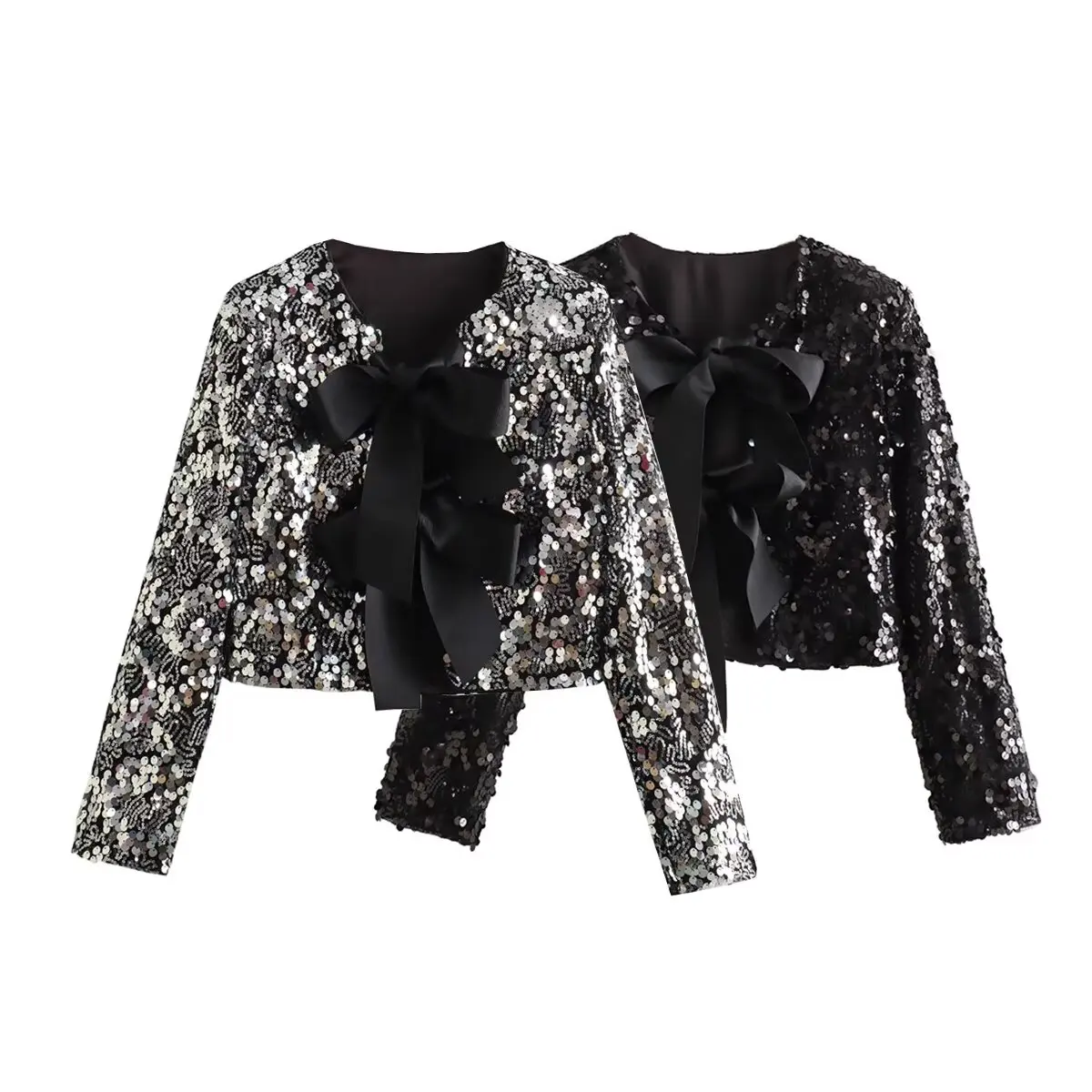 

Women 2023 New Fashion Sequin bow decoration Cropped Slim V Neck Tops Vintage Long Sleeve Female Outerwear Chic Overshirt