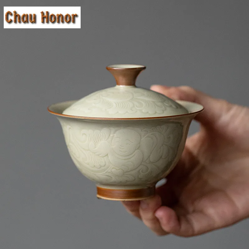 130ml Retro Honey Glaze Ceramic Tea Tureen Embossed Peony Art Tea Maker Boutique Gaiwan Household Kung Fu Tea Tools Accessories