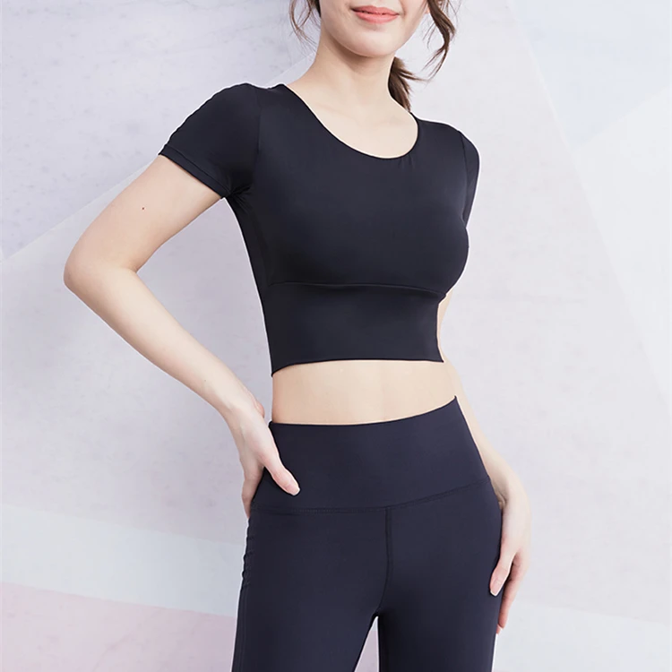 Yoga Shirts Workout Open Back Top Long Sleeve Crop Top Women Spring Autumn Gym Cross Back  Sports Shirt Short Sleeve Summer
