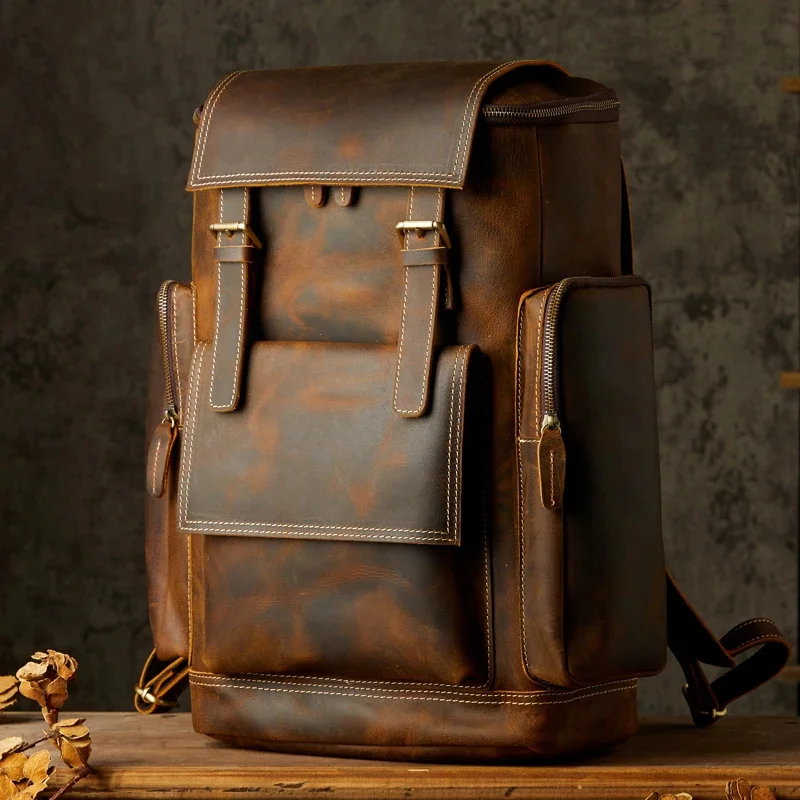 

Vintage Genuine Leather Backpack Handmade Shoulder Bag Cowhide Travel Knapsack Large Capacity Laptop Rucksack Retro School