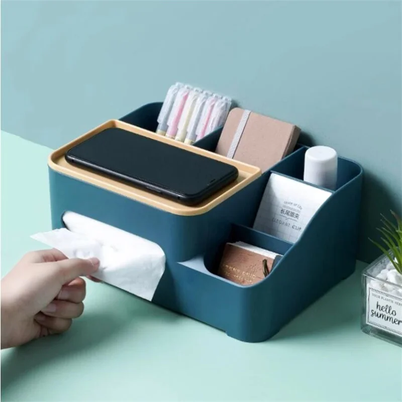 

Multifunctional Tissue Box Cover with Remote Control Holder Stationery Case Home Bathroom Bedroom Desktop Cosmetic Organizer