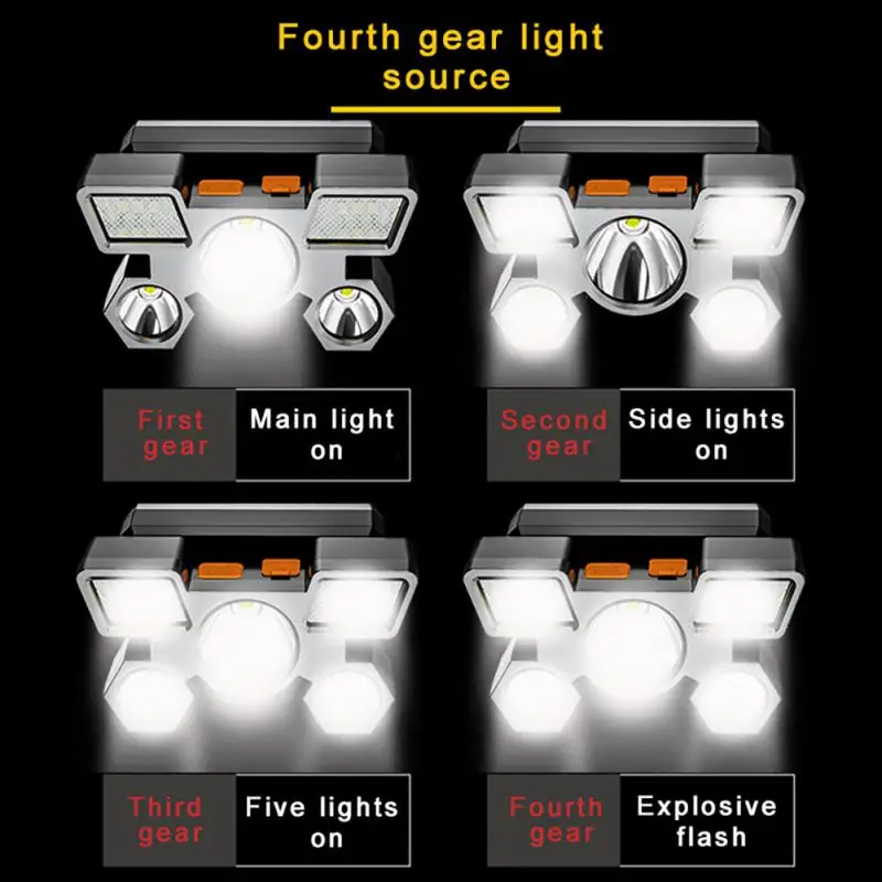 Strong light super bright led five-head headlight rechargeable fishing lamp long-range head-mounted miner\'s lamp
