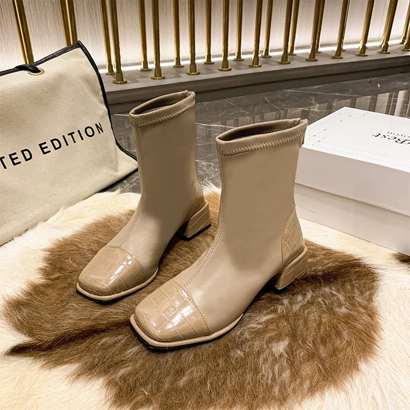 2024 Elegant Texture Embossed Square Toe Ankle Boots Woman Winter Warm Plush Lined Stretch Booties Ladies Low Heel Back Zipper