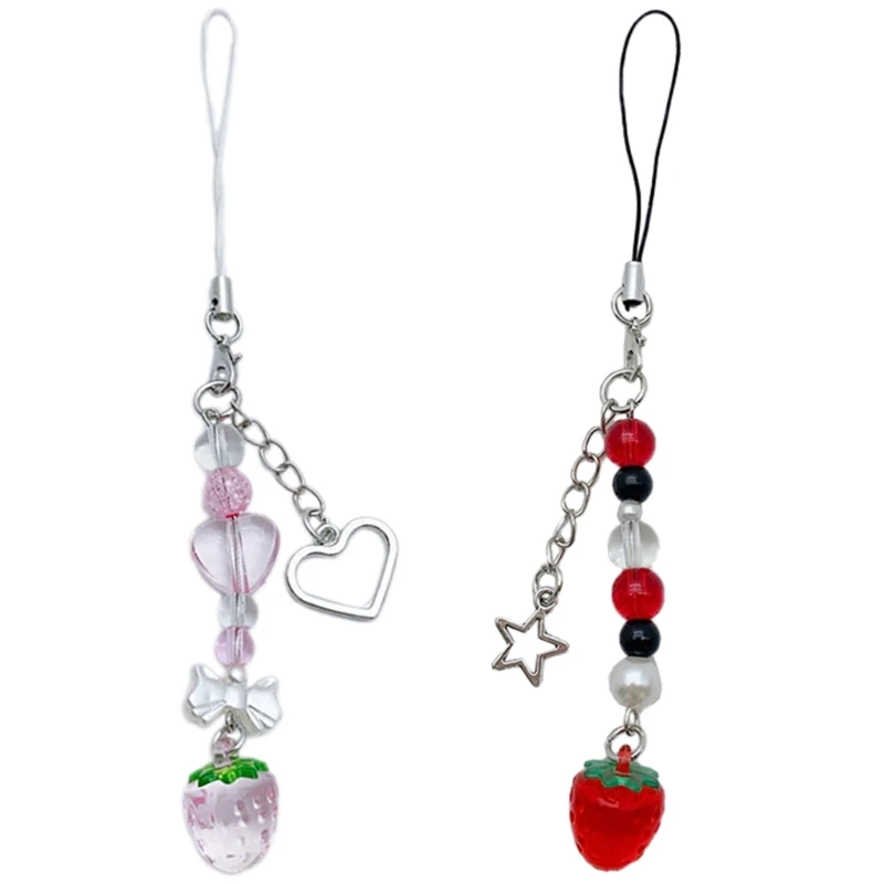 

Strawberry Beads Pendant Phone Strap Lanyard Pocket Keychain Strap Backpack Charm Car Keys Decoration Chain