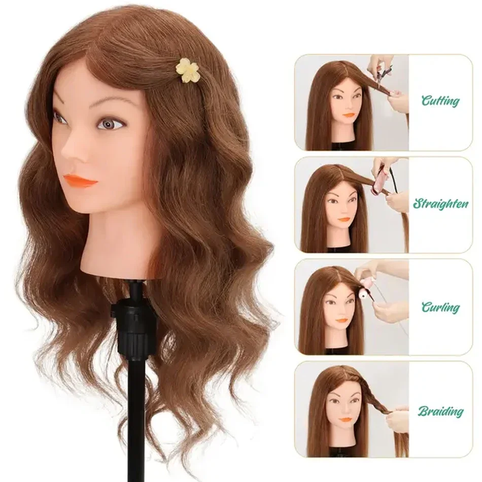Professional 100% Real Hair Mannequin Head with Adjustable Tripod Stand for Salon Cosmetology Styling Training Practice