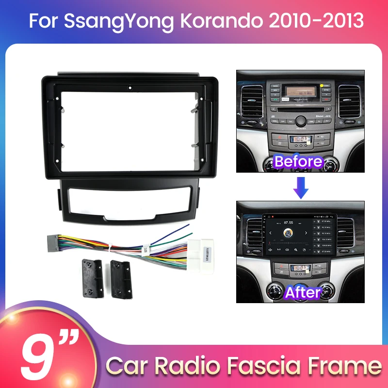 Android Car Radio Fascia Frame Harness Installation Panel For SsangYong Korando 2010-2013 9inch GPS Multimedia 16Pin Power Cable