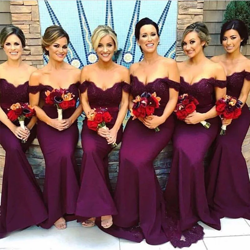 

Mermaid Vestido De Festa Longo Off The Shoulder Dark Purple Bridesmaid Dresses Wedding Maid Of Honor Party Dresses