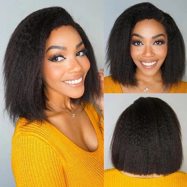 Perruque Bob Lace Front Wig naturelle Remy lisse et crépue, cheveux courts, 13x4, sans colle, Yaki, pre-plucked, avec Baby Hair 1