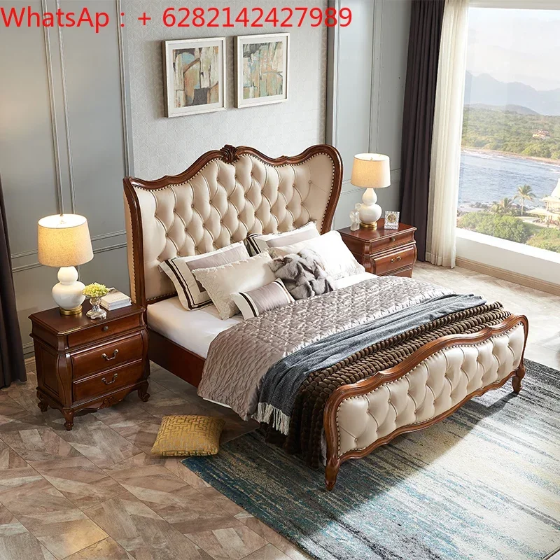 

bed American-style solid wood leather villa double master room wedding European retro backrest soft bag