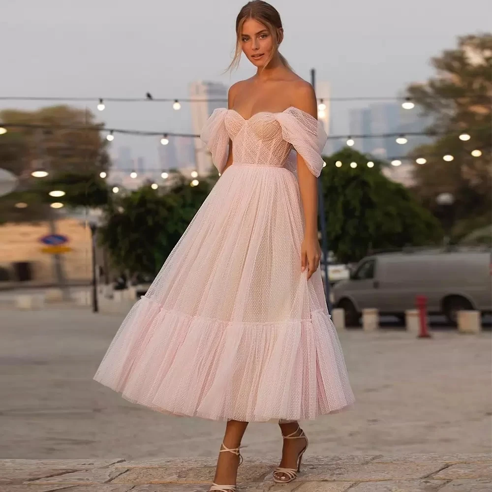 Pink Homecoming Dresses Cocktail Dress Off Shoulder Sweetheart Tiered Tulle Ruffles Tea Length Formal Evening Party Gowns