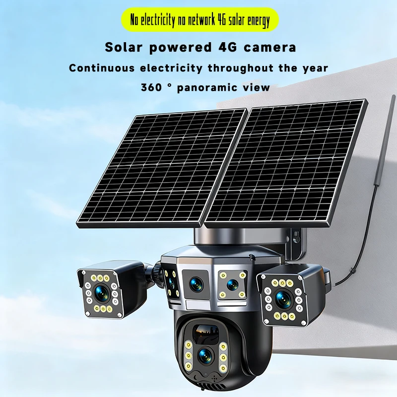 4G Solar Security Camera Outdoor Waterproof Wireless Three Lens Five screens Full Color Night Vision Motion Detection CCTV V360