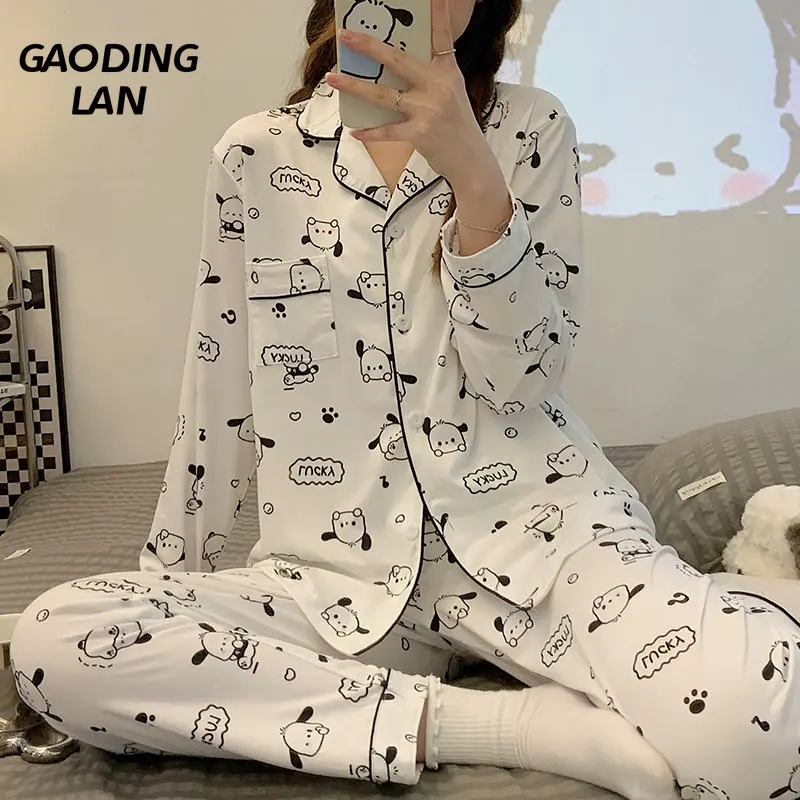 

Autumn Winter Women Long Sleeve Cartoon White Dog Print Pajamas Set Large Size Two Piece Sleepwear Suit Lapel Cardigan Pyjamas
