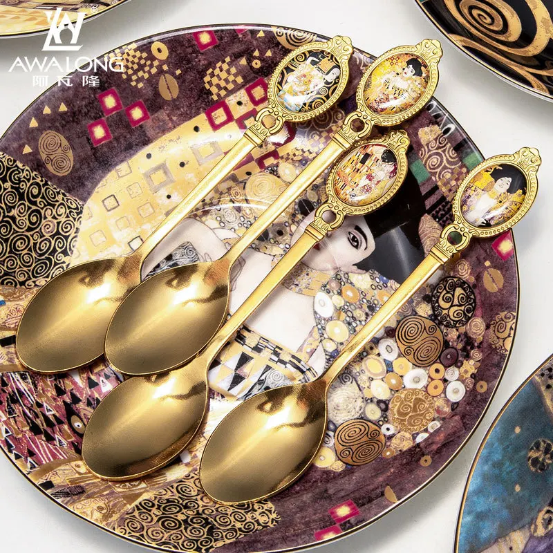

Кофейная ложка Klimt, европейская креативная чайная ложка с длинной ручкой, десертная молочная ложка из нержавеющей стали, инструменты для кейтеринга в стиле ретро