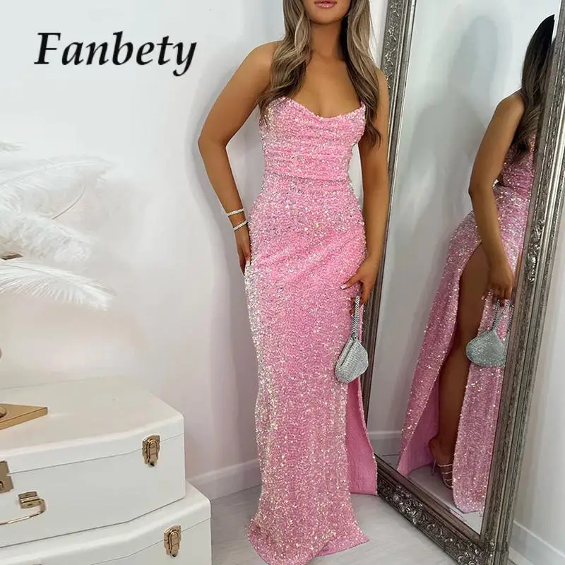 

2023 Summer Backless Sexy Sequin Dress Slit Bodycon Maxi Dress Women's Spaghetti Straps Slim Fitting Party Evening Dress Vestido