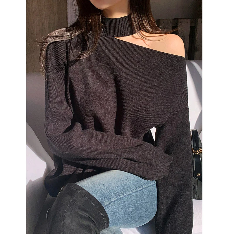 New Autumn and Winter Women's Semi-turtleneck Off-shoulder Long-sleeved Sweater Elegant and Sexy Lantern Sleeves Loose Knitwear